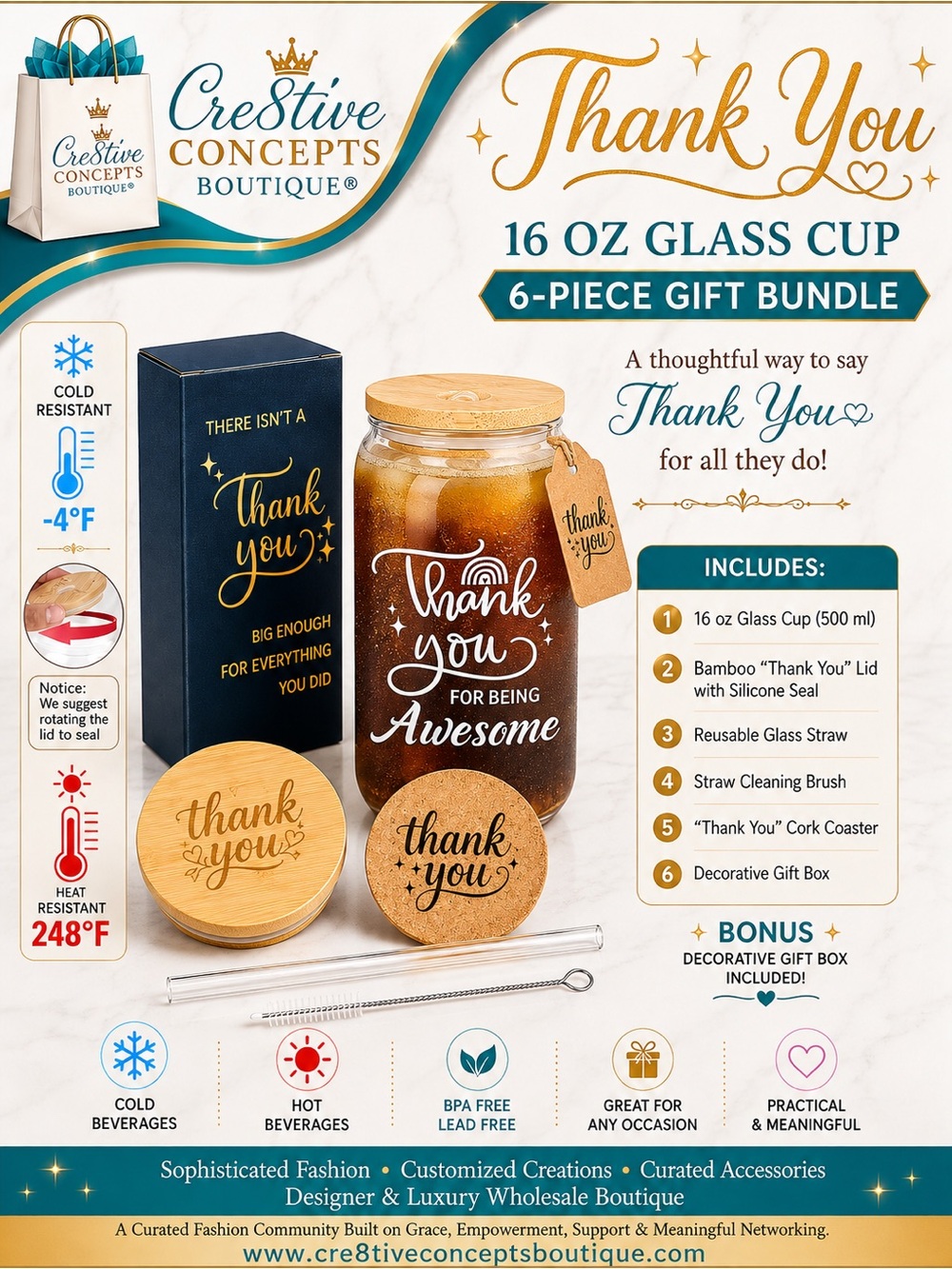 Appreciation 16oz Glass Thank You Cup 6-Piece Gift Bundle Set with Bamboo Lid
